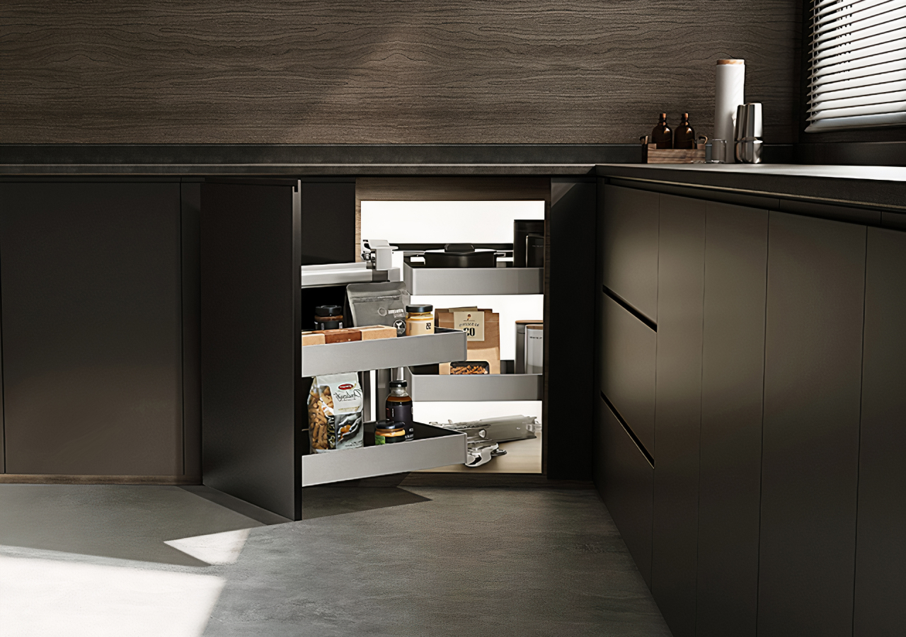Maximize every inch with corner-conscious storage with pull-out engineering kitchen designs for functional Apartment Kitchens by Kitchen Renovations Hamilton.